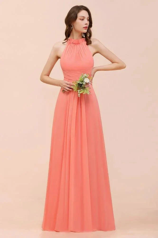 halter Beach Bridesmaid Dress Girls Coral Floor Length Wedding Party Dress - Image 3