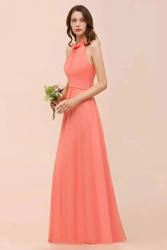 halter Beach Bridesmaid Dress Girls Coral Floor Length Wedding Party Dress - Image 4