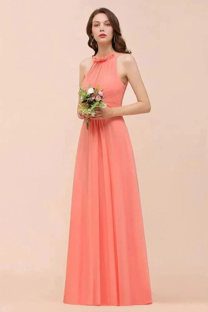 halter Beach Bridesmaid Dress Girls Coral Floor Length Wedding Party Dress - Image 5