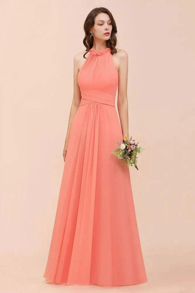 halter Beach Bridesmaid Dress Girls Coral Floor Length Wedding Party Dress - Image 6