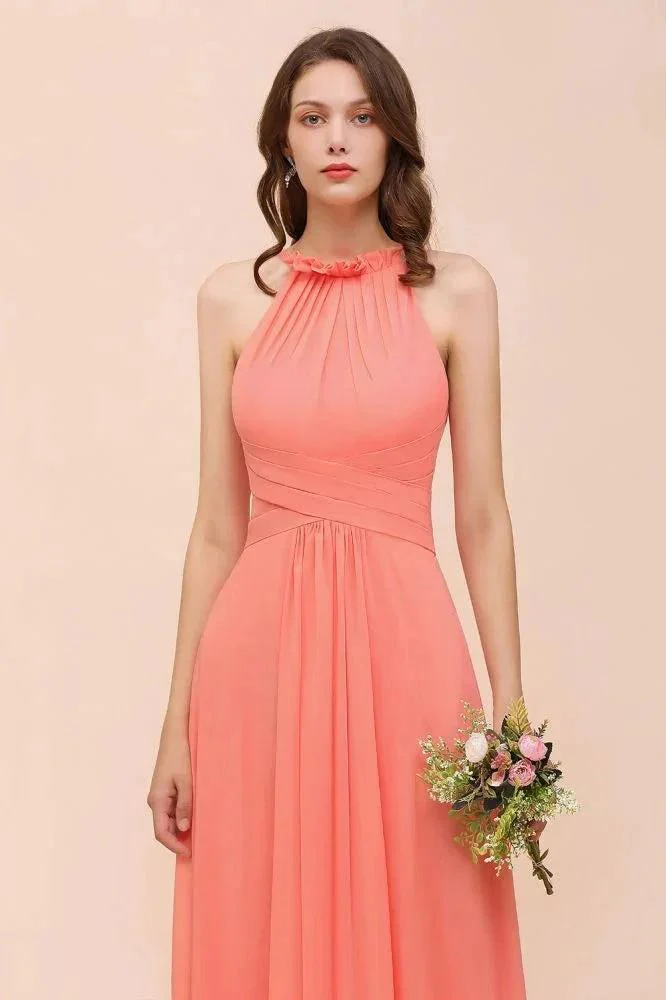 halter Beach Bridesmaid Dress Girls Coral Floor Length Wedding Party Dress - Image 7
