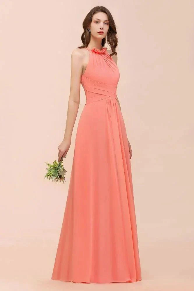 halter Beach Bridesmaid Dress Girls Coral Floor Length Wedding Party Dress - Image 8