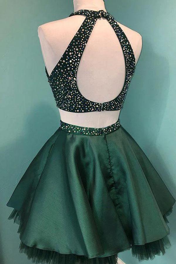 Halter Beaded Green Satin Two Piece Homecoming Dress Short Prom Dress PD358 - Image 2