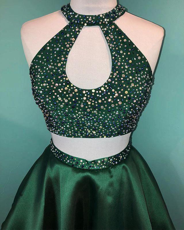 Halter Beaded Green Satin Two Piece Homecoming Dress Short Prom Dress PD358 - Image 3