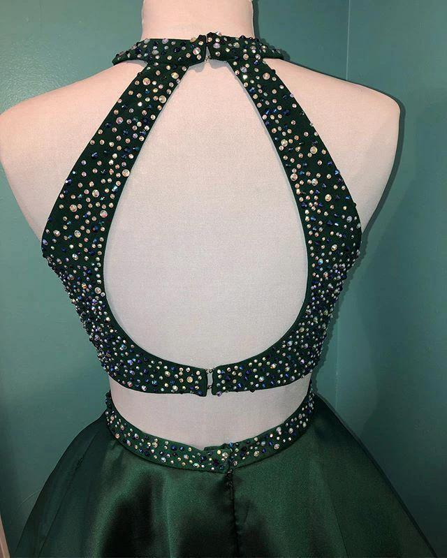Halter Beaded Green Satin Two Piece Homecoming Dress Short Prom Dress PD358 - Image 4