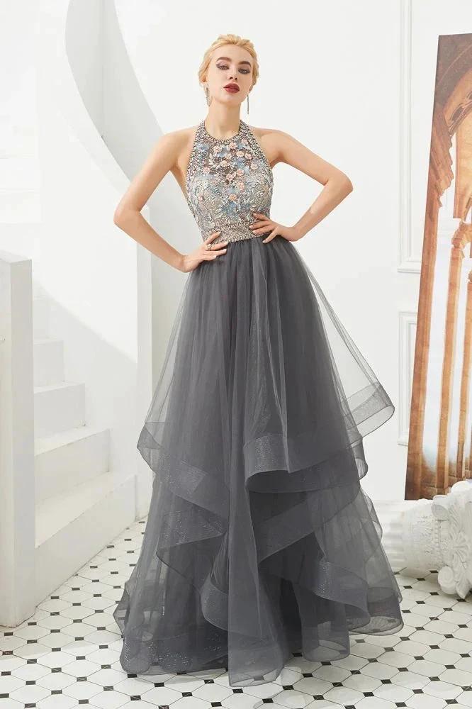 Halter Beadings Aline Tulle Layers Prom Dress Sleeveless Evening Dress - Image 2