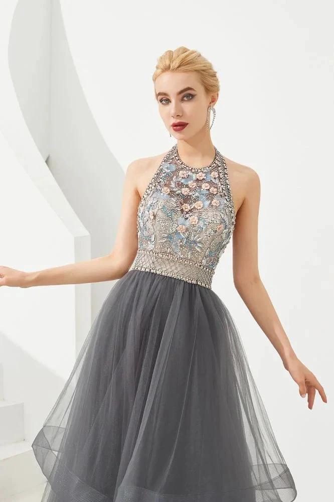 Halter Beadings Aline Tulle Layers Prom Dress Sleeveless Evening Dress - Image 3