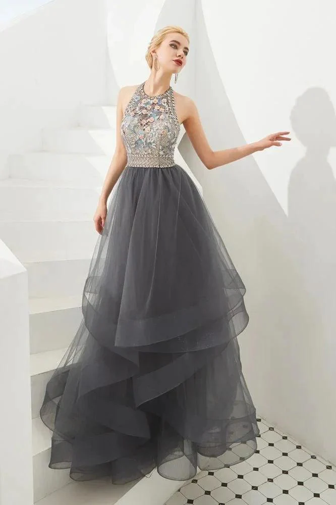Halter Beadings Aline Tulle Layers Prom Dress Sleeveless Evening Dress - Image 4