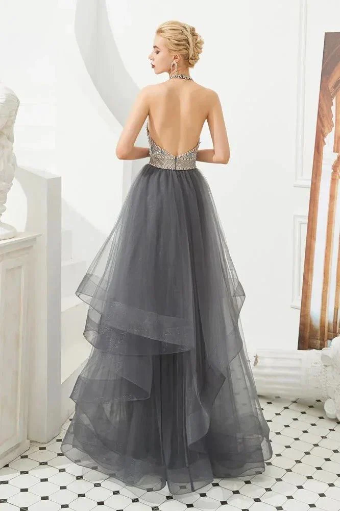 Halter Beadings Aline Tulle Layers Prom Dress Sleeveless Evening Dress - Image 5