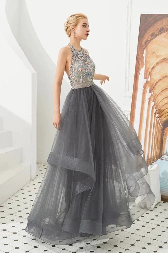 Halter Beadings Aline Tulle Layers Prom Dress Sleeveless Evening Dress - Image 6