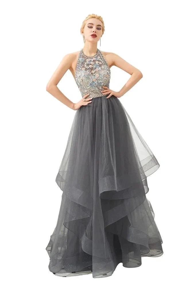 Halter Beadings Aline Tulle Layers Prom Dress Sleeveless Evening Dress - Image 7