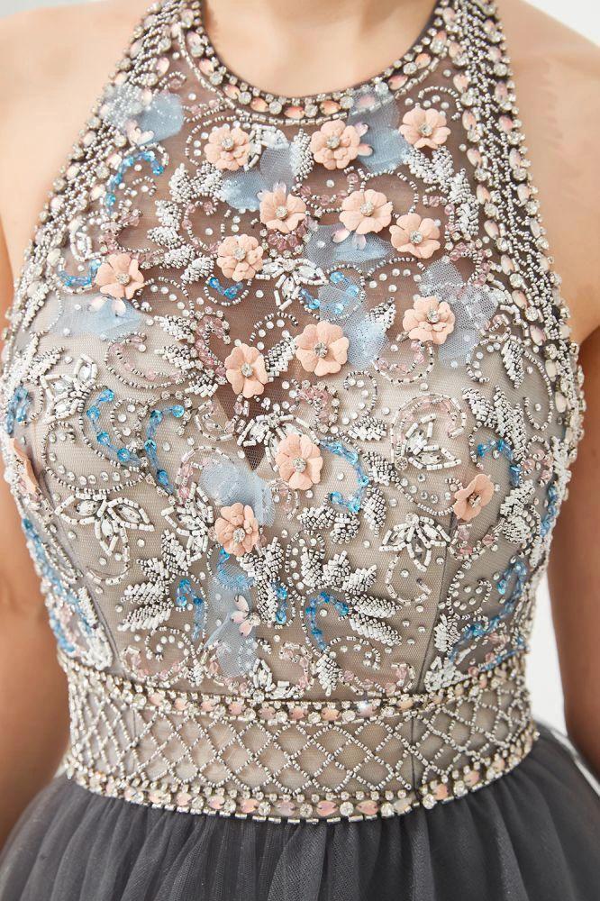 Halter Beadings Aline Tulle Layers Prom Dress Sleeveless Evening Dress - Image 9