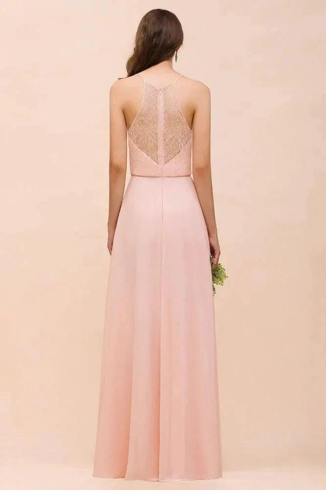 Halter Bridesmaid Dress Pink Floor Length Formal Event Dress - Image 2