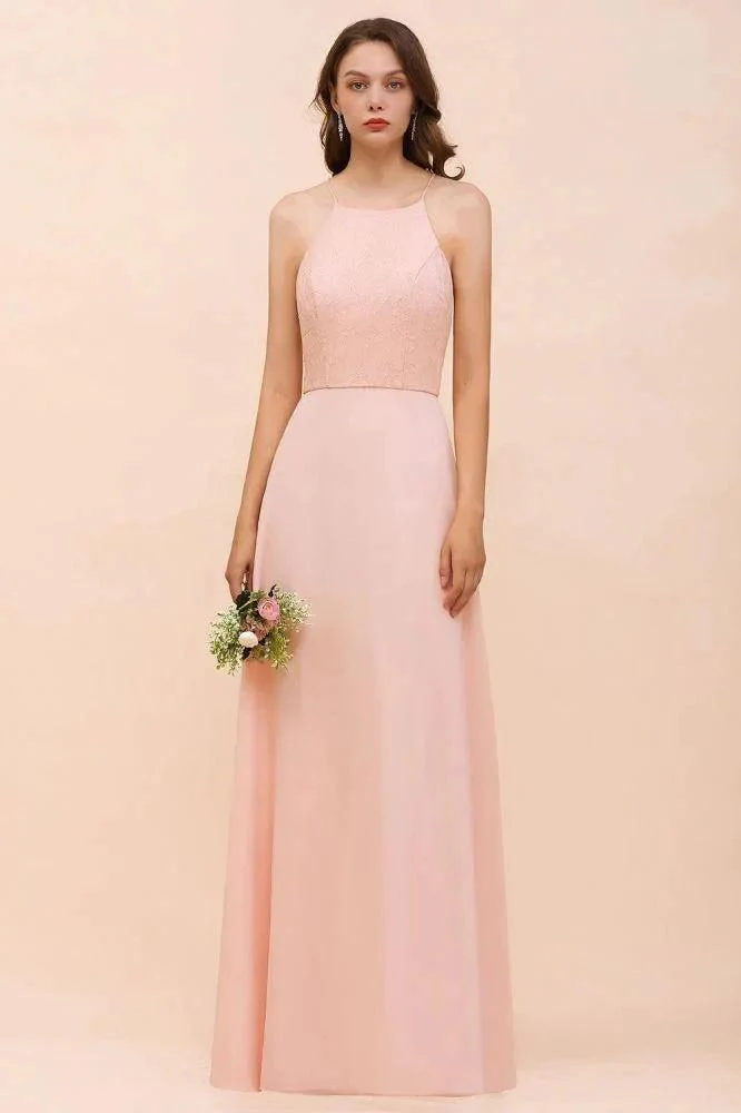 Halter Bridesmaid Dress Pink Floor Length Formal Event Dress - Image 3