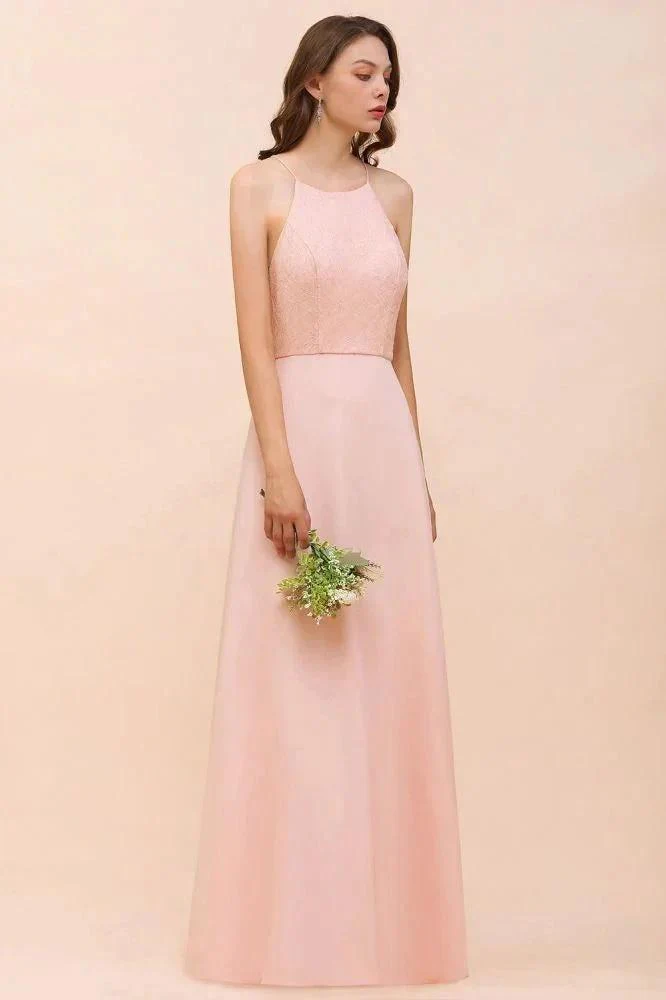 Halter Bridesmaid Dress Pink Floor Length Formal Event Dress - Image 4