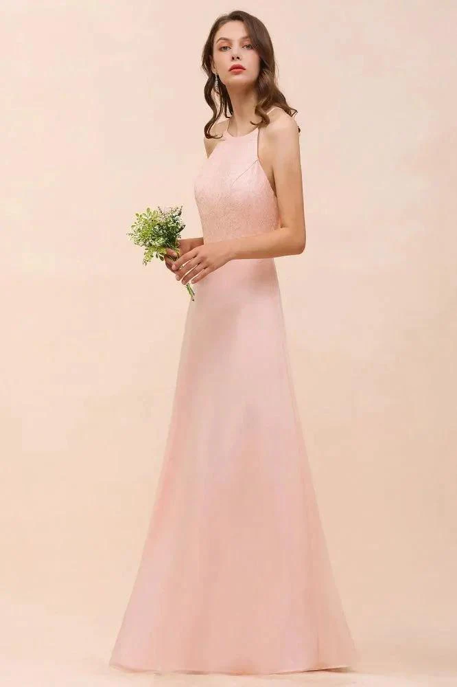 Halter Bridesmaid Dress Pink Floor Length Formal Event Dress - Image 5