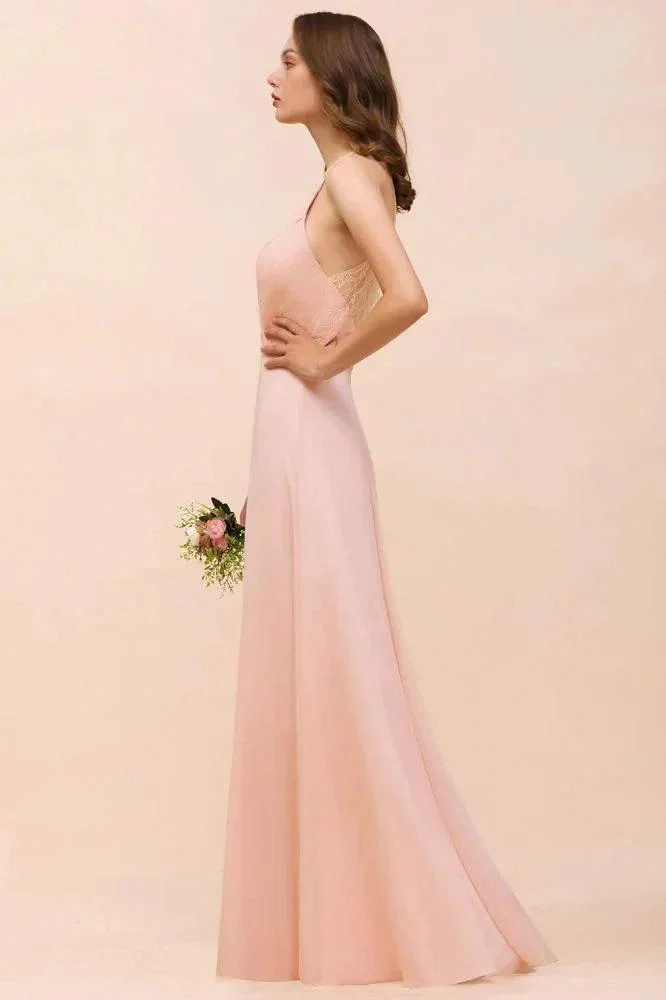 Halter Bridesmaid Dress Pink Floor Length Formal Event Dress - Image 6