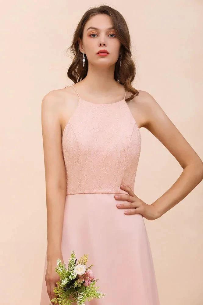 Halter Bridesmaid Dress Pink Floor Length Formal Event Dress - Image 7