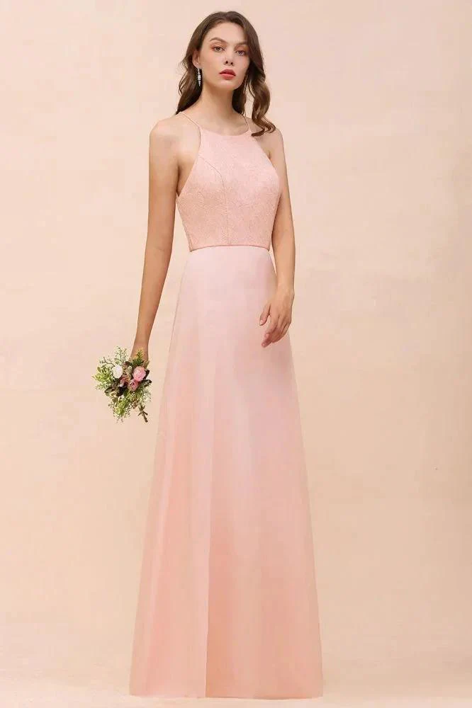 Halter Bridesmaid Dress Pink Floor Length Formal Event Dress - Image 8