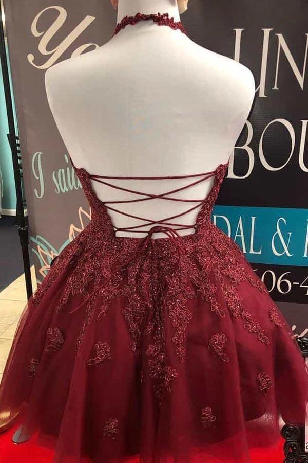 Halter Burgundy Lace A-Line Cute Backless Homecoming Dress PD373 - Image 2