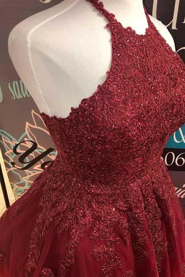 Halter Burgundy Lace A-Line Cute Backless Homecoming Dress PD373 - Image 3