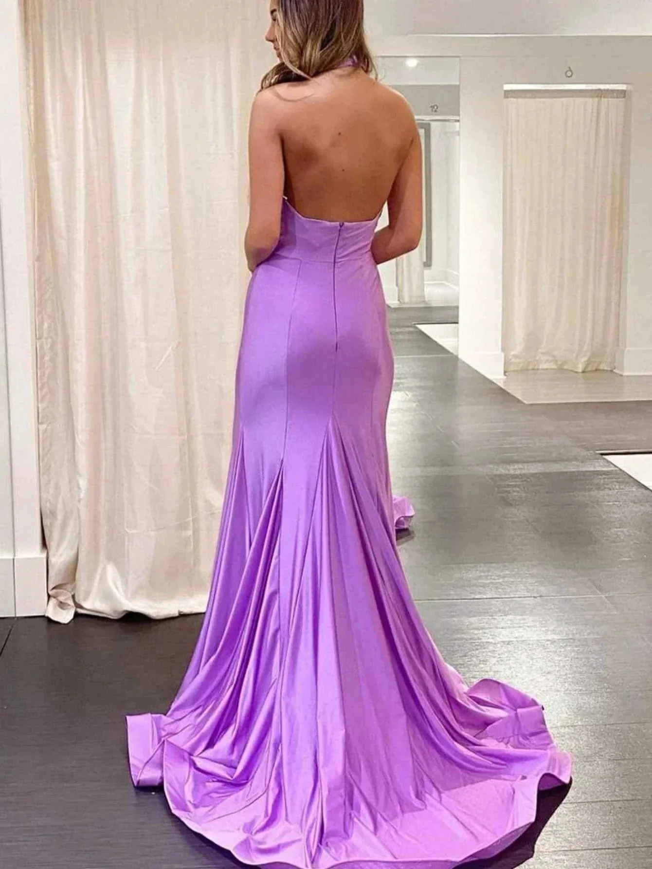 Halter Cross Neck Purple Long Bodycon Prom Dress - Image 2