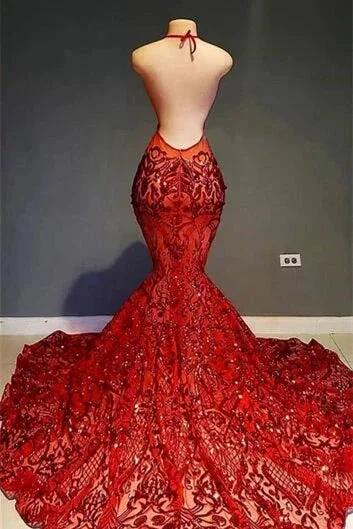 Halter Deep V Neck Open Back Sexy Lace Mermaid Prom Gown - Image 2