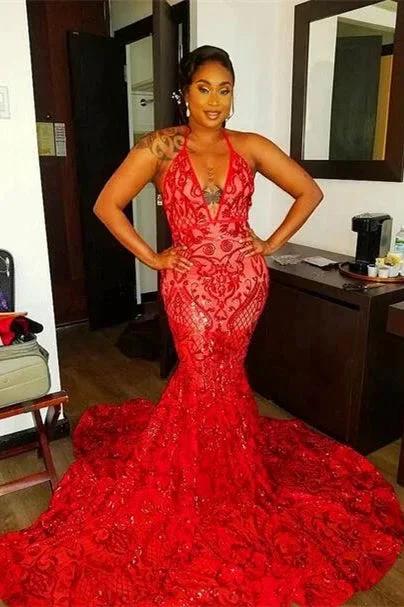 Halter Deep V Neck Open Back Sexy Lace Mermaid Prom Gown - Image 3