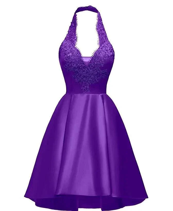 Halter Deep V Neck Satin Appliques Purple Backless Pleated A Line Homecoming Dresses Y854 - Image 2