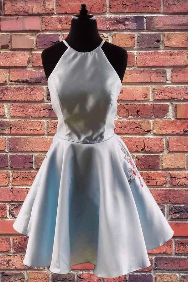 Halter Embroidered Yellow Satin Homecoming Dress with Pockets PD324 - Image 2