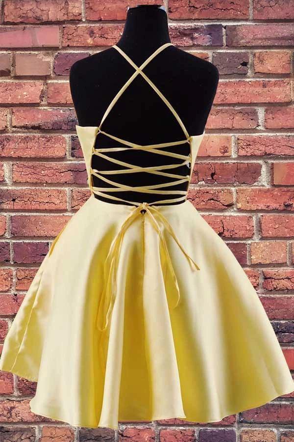 Halter Embroidered Yellow Satin Homecoming Dress with Pockets PD324 - Image 3