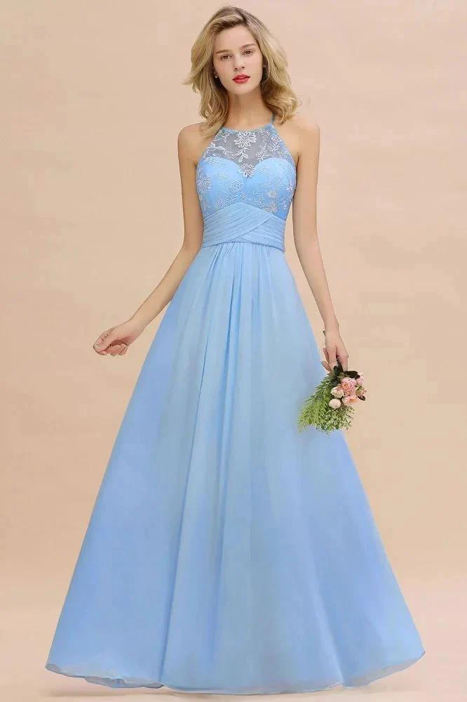 Halter Floral lace aline Chiffon Bridesmaid Dress Sleeveless Ruffle Wedding Guest Dress - Image 2