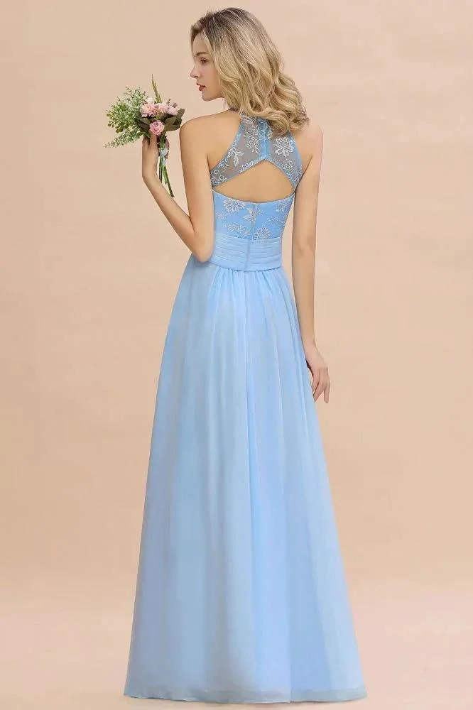 Halter Floral lace aline Chiffon Bridesmaid Dress Sleeveless Ruffle Wedding Guest Dress - Image 3