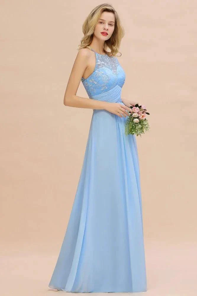Halter Floral lace aline Chiffon Bridesmaid Dress Sleeveless Ruffle Wedding Guest Dress - Image 4