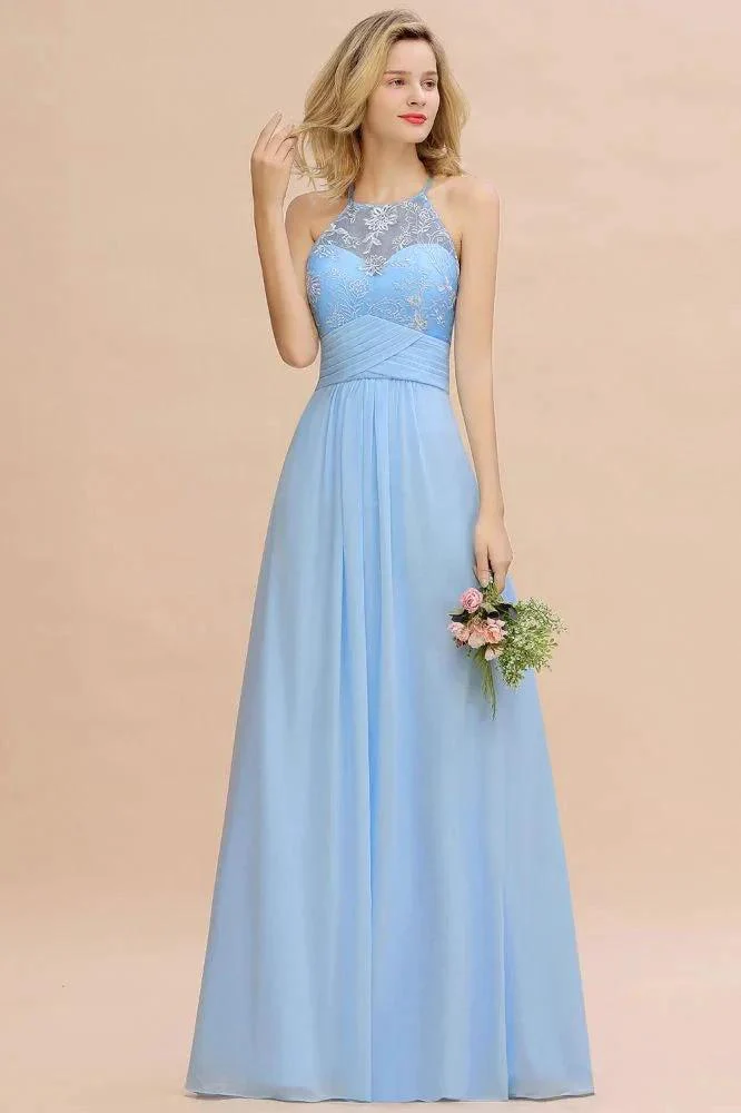 Halter Floral lace aline Chiffon Bridesmaid Dress Sleeveless Ruffle Wedding Guest Dress - Image 5