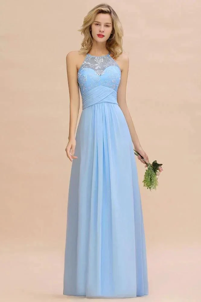 Halter Floral lace aline Chiffon Bridesmaid Dress Sleeveless Ruffle Wedding Guest Dress - Image 6