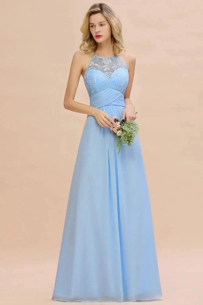 Halter Floral lace aline Chiffon Bridesmaid Dress Sleeveless Ruffle Wedding Guest Dress - Image 7