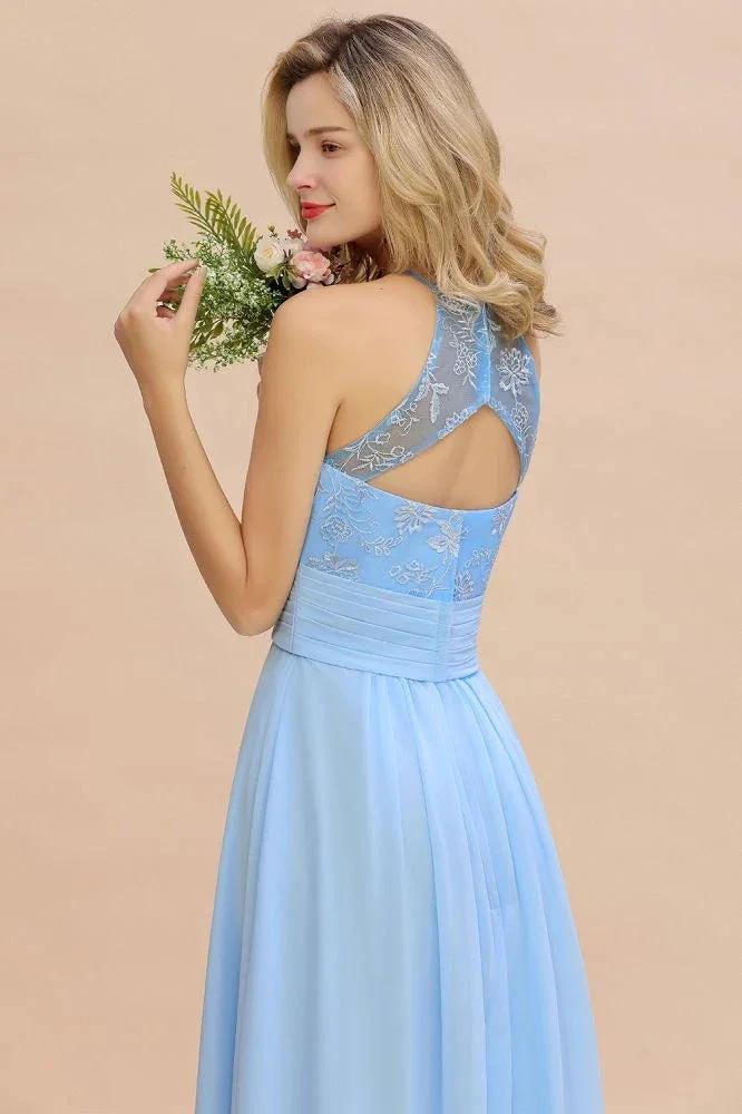 Halter Floral lace aline Chiffon Bridesmaid Dress Sleeveless Ruffle Wedding Guest Dress - Image 8