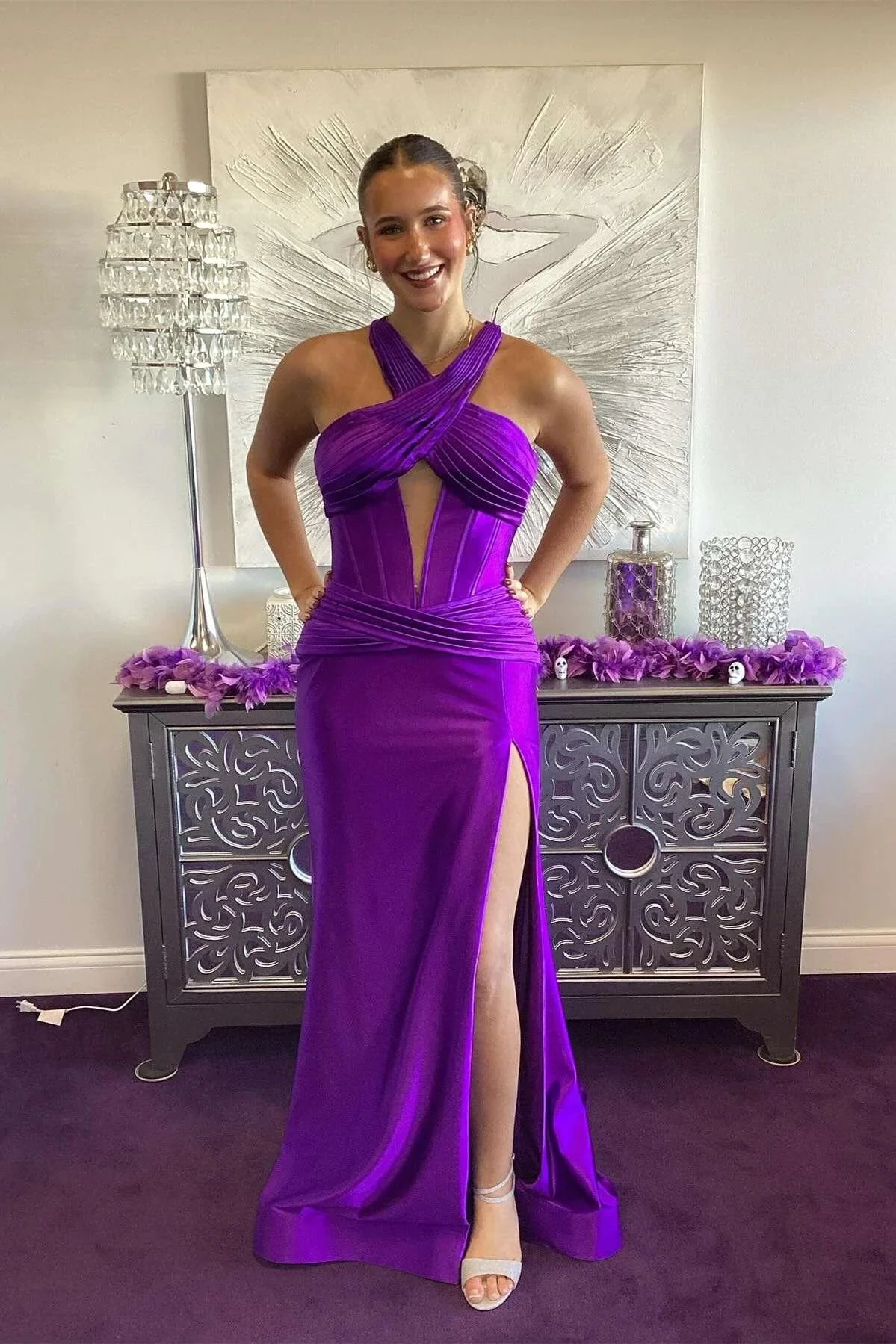 Veda | Green Satin Mermaid Slit Prom Dress with Criss Cross Neck - Image 2