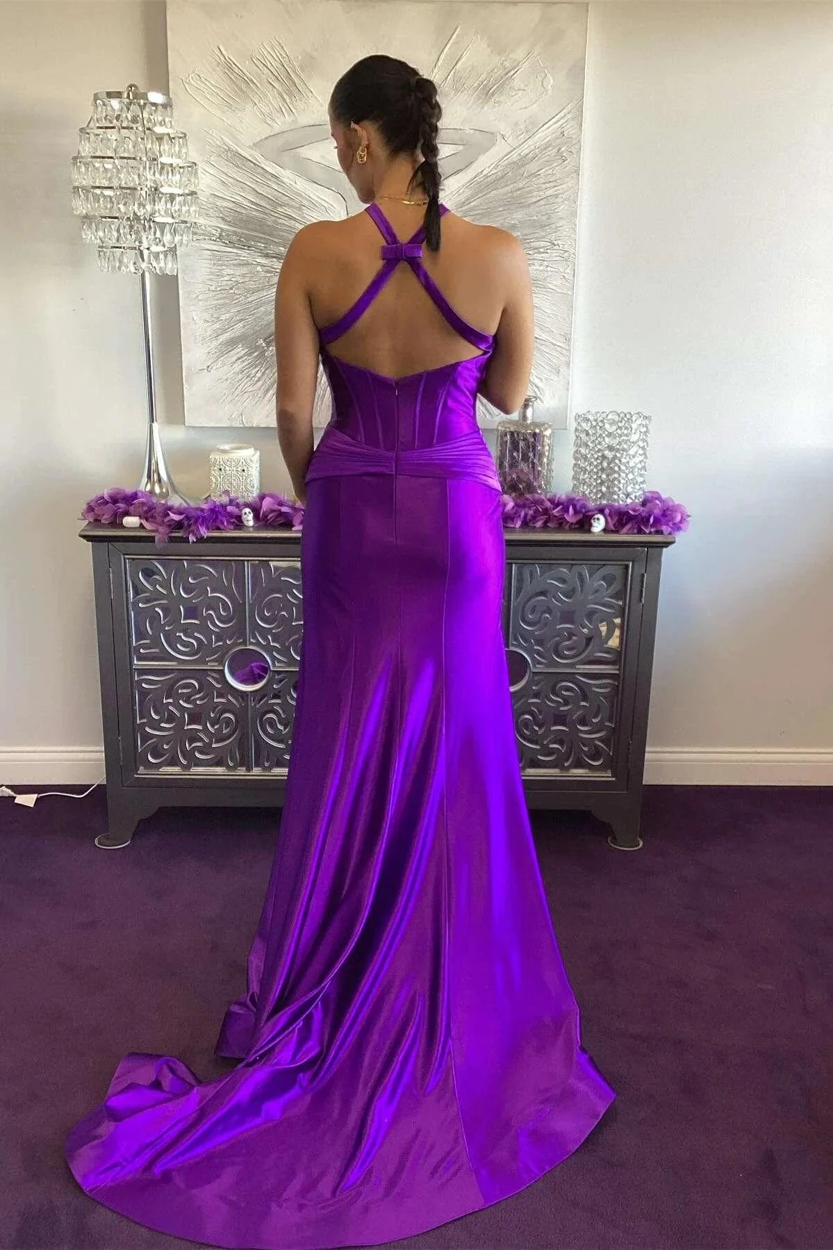 Veda | Green Satin Mermaid Slit Prom Dress with Criss Cross Neck - Image 3