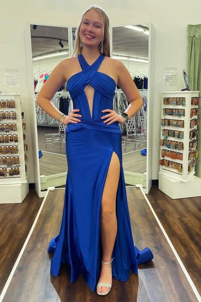 Veda | Green Satin Mermaid Slit Prom Dress with Criss Cross Neck - Image 4