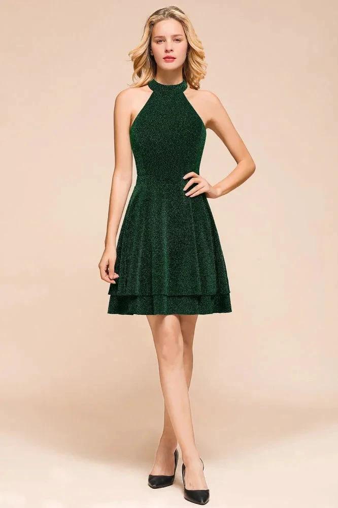 Halter Knee Length Homecoming Dress Sleeveless Dark Green Bright Silk Evening Dress - Image 2