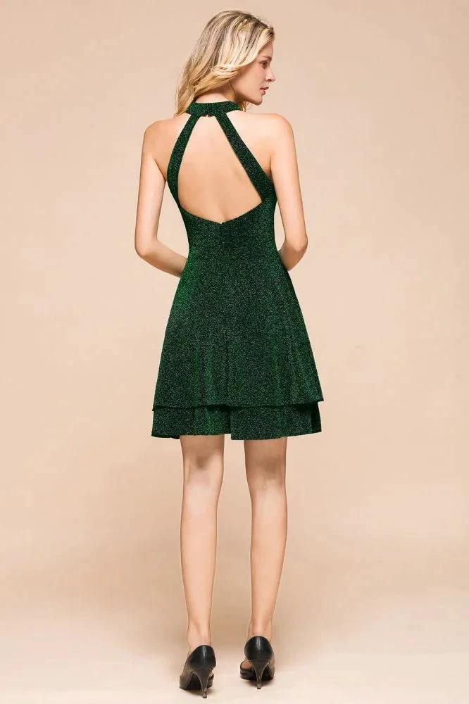 Halter Knee Length Homecoming Dress Sleeveless Dark Green Bright Silk Evening Dress - Image 3