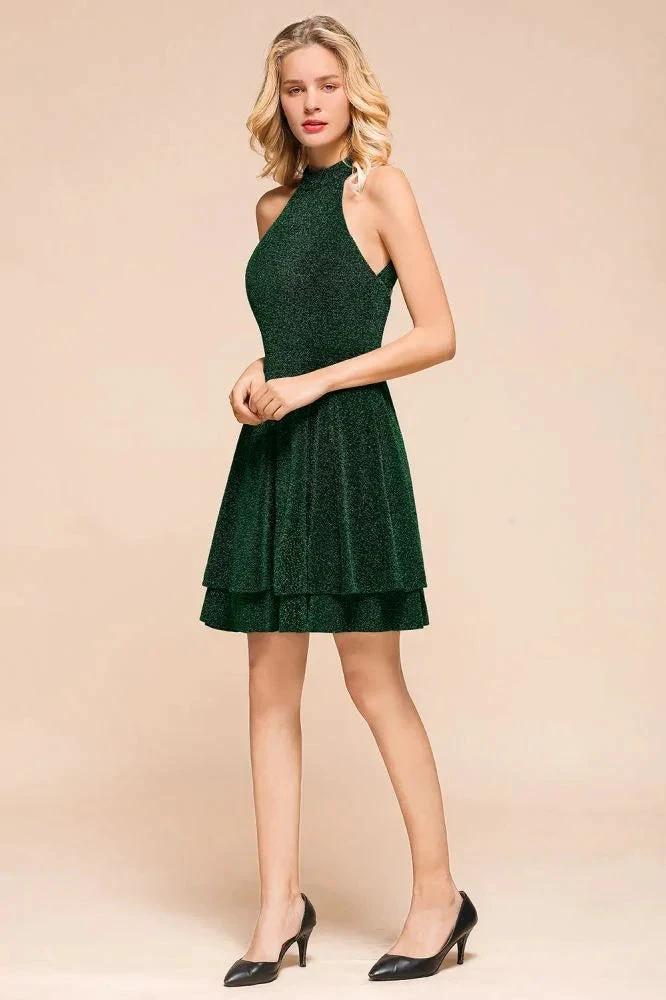 Halter Knee Length Homecoming Dress Sleeveless Dark Green Bright Silk Evening Dress - Image 5