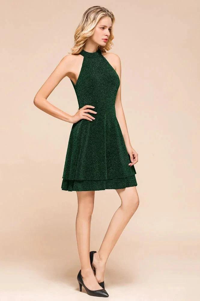 Halter Knee Length Homecoming Dress Sleeveless Dark Green Bright Silk Evening Dress - Image 7