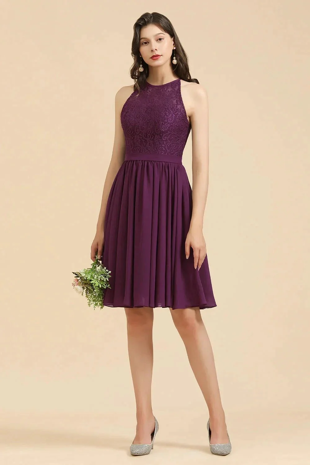 Halter Lace Bridesmaid Dress Chiffon Sleeveless Short Dress - Image 2