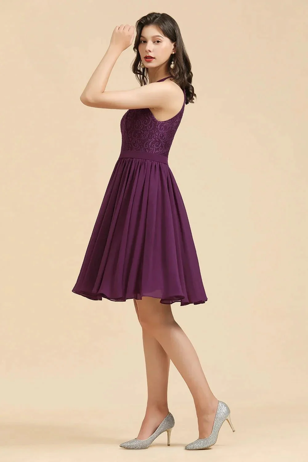 Halter Lace Bridesmaid Dress Chiffon Sleeveless Short Dress - Image 3