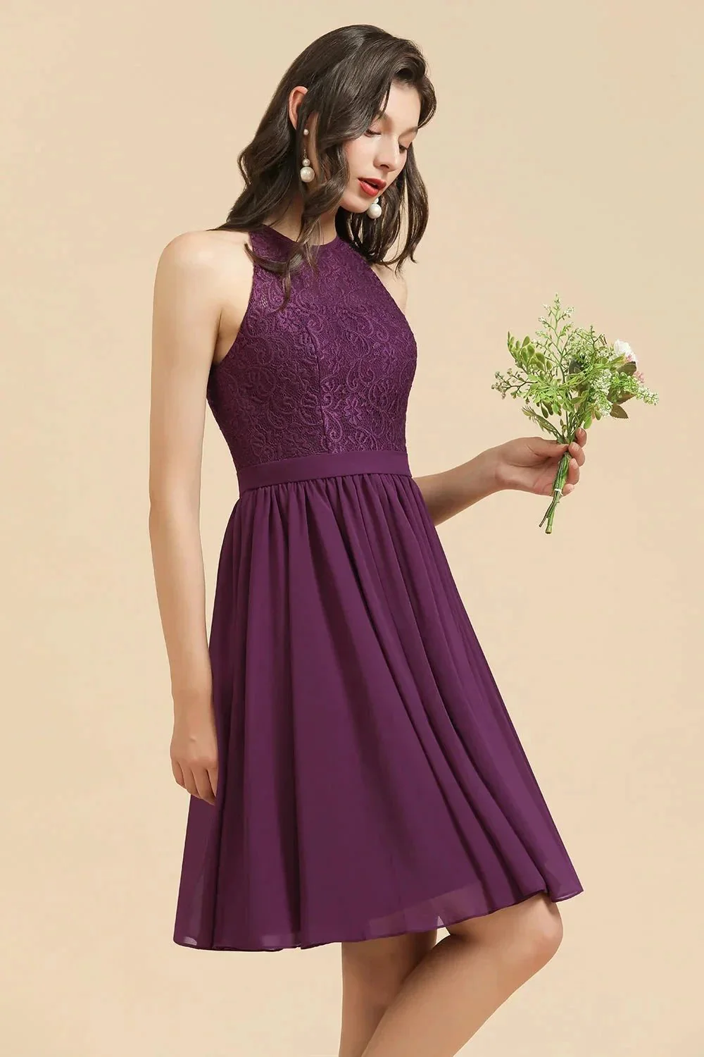 Halter Lace Bridesmaid Dress Chiffon Sleeveless Short Dress - Image 4