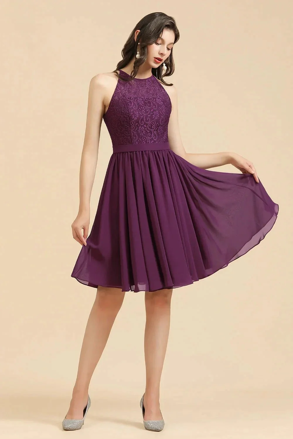 Halter Lace Bridesmaid Dress Chiffon Sleeveless Short Dress - Image 5