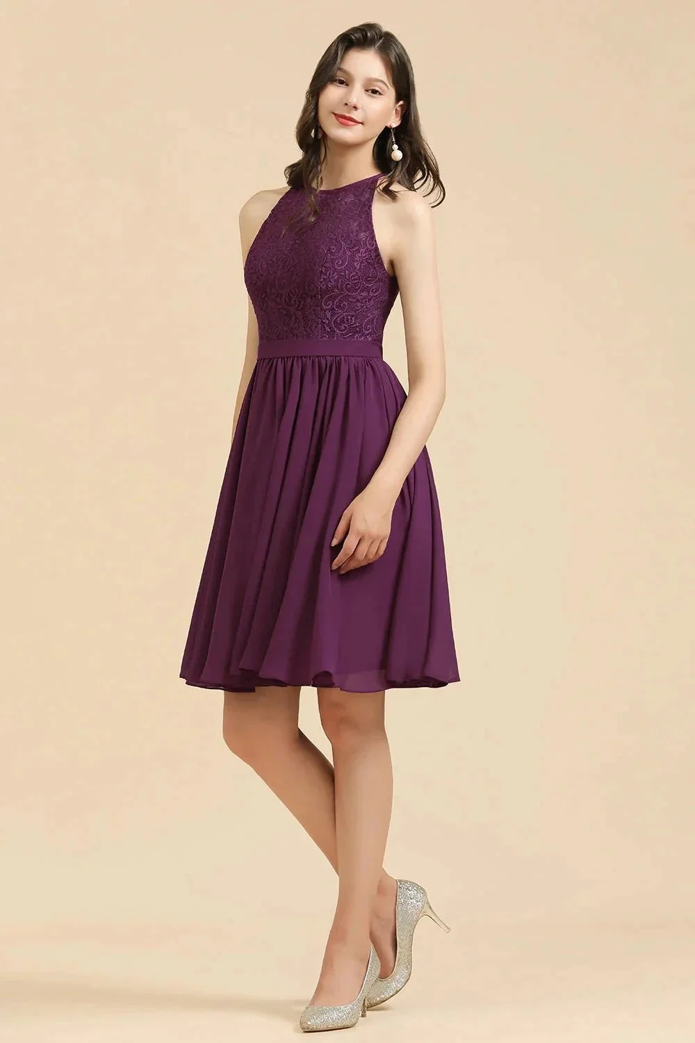Halter Lace Bridesmaid Dress Chiffon Sleeveless Short Dress - Image 6